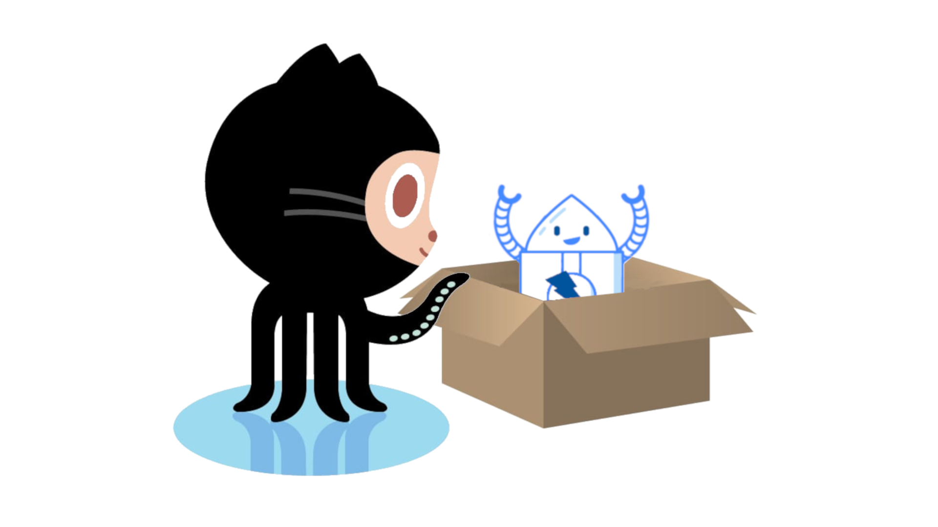 Standing Octocat looking at ZAPBot in a cardboard box