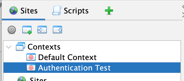 ZAP Sites tab, Authentication Test context highlighted